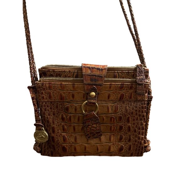 Brahmin Crocodile Embossed Tan Brown Leather Crossbody Bag Double Braided Handle - Picture 2 of 11